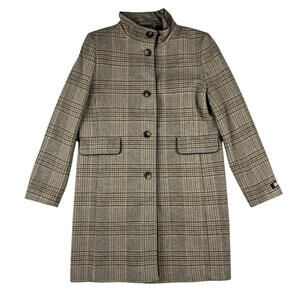 DKNY Elegant Stand Collar Outwear Wool Blend Coat Check Brown Size L